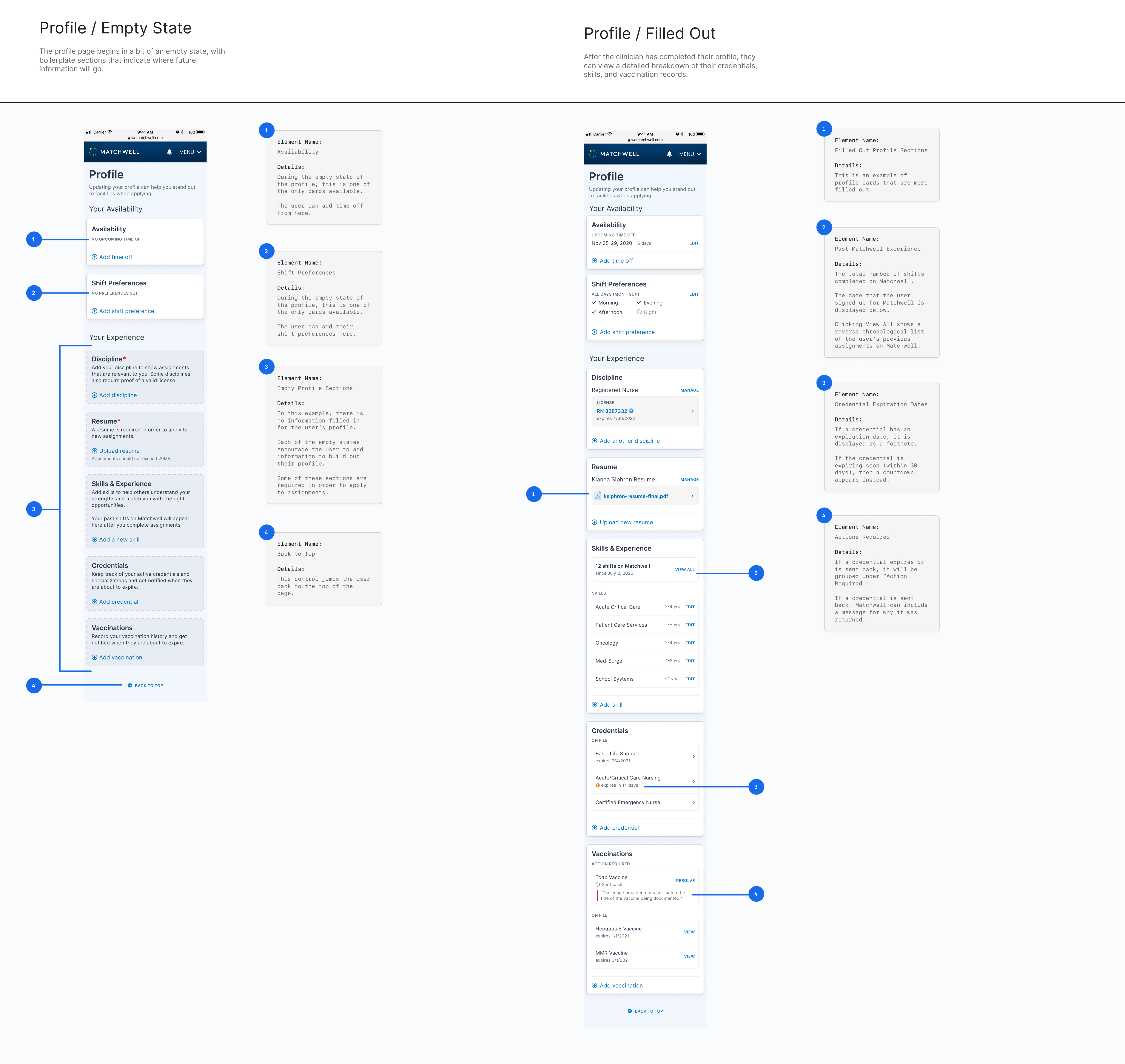 Design documentation for handing off user profile designs to my engineering team